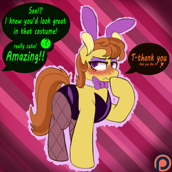 Size: 5080x5080 | Tagged: safe, artist:niggerdrawfag, bulk shipment, oc, oc only, oc:anon, earth pony, pony, g4, abstract background, blushing, bowtie, bunny ears, bunny suit, clothes, dialogue, eyeshadow, female, fishnet stockings, heart, makeup, mare, patreon, patreon logo, raised hoof, solo, speech bubble