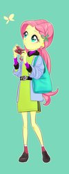Size: 819x2048 | Tagged: safe, artist:slueqg, fluttershy, butterfly, equestria girls, g4, alternate hairstyle, blue background, braid, camera, cute, female, hairpin, looking at something, nail polish, ponytail, shyabetes, simple background, solo