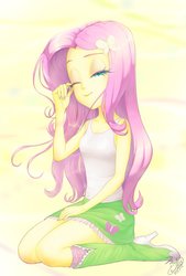 Size: 692x1024 | Tagged: safe, artist:slueqg, fluttershy, equestria girls, g4, boots, clothes, cute, female, high heel boots, miniskirt, one eye closed, shoes, shyabetes, sitting, skirt, socks, solo, thighs