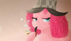 Size: 6000x3500 | Tagged: safe, artist:nyota71, pinkie pie, earth pony, pony, g4, bored, bubble, curly hair, curly mane, deerstalker, detective, female, hat, pipe, sherlock holmes, sherlock pie, solo, thinking