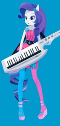 Size: 700x1454 | Tagged: safe, artist:slueqg, rarity, equestria girls, g4, my little pony equestria girls: rainbow rocks, blue background, clothes, cute, dress, female, high heels, keytar, musical instrument, open mouth, ponied up, rainbow rocks outfit, raribetes, shoes, simple background, solo, stockings, thigh highs