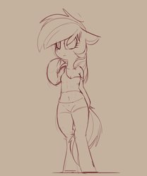 Size: 1481x1776 | Tagged: safe, artist:yoditax, rainbow dash, pegasus, anthro, unguligrade anthro, g4, arm hooves, belly button, boyshorts, breasts, camisole, clothes, female, lineart, monochrome, panties, sketch, solo, underwear