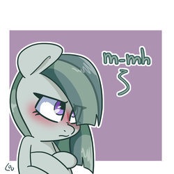 Size: 1500x1500 | Tagged: safe, artist:lou, marble pie, earth pony, pony, g4, blushing, bust, crossed hooves, cute, dialogue, eye clipping through hair, female, marblebetes, mare, solo