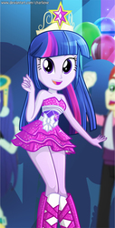 Size: 467x916 | Tagged: safe, artist:charliexe, blueberry cake, nolan north, twilight sparkle, equestria girls, equestria girls (movie), adorasexy, balloon, bare shoulders, beautiful, beautisexy, big crown thingy, clothes, crown, cute, dancing, digital art, element of magic, fall formal outfits, female, jewelry, legs, regalia, sexy, sleeveless, smiling, solo focus, strapless, thighs, tiara, twiabetes, twilight ball dress, twilight sparkle (alicorn), unf