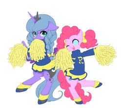 Size: 1350x1200 | Tagged: safe, artist:yuzuko, pinkie pie, princess luna, alicorn, earth pony, pony, g4, alternate hairstyle, bipedal, blushing, bow, braid, braided pigtails, cheerleader, cheerleader outfit, cheerleader pinkie, clothes, cute, diapinkes, duo, female, floppy ears, hair bow, lunabetes, mare, miniskirt, moe, open mouth, pigtails, pom pom, s1 luna, shoes, skirt, socks, sweater