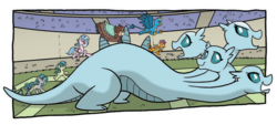 Size: 991x446 | Tagged: safe, artist:tonyfleecs, idw, gallus, ocellus, sandbar, silverstream, smolder, swift foot, yona, changedling, changeling, classical hippogriff, dragon, earth pony, griffon, hippogriff, hydra, pony, yak, g4, spoiler:comic, spoiler:comicfeatsoffriendship03, comic, cropped, disguise, disguised changeling, hydrafied, multiple heads, species swap, student six