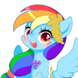 Size: 500x500 | Tagged: safe, artist:yuzuko, rainbow dash, pegasus, pony, blushing, clothes, cute, dashabetes, dress, female, gala dress, hair accessory, jewelry, looking at you, mare, necklace, open mouth, simple background, solo, spread wings, white background, wings