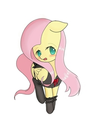 Size: 1000x1414 | Tagged: safe, alternate version, artist:mr. wo, fluttershy, pegasus, pony, g4, blushing, bunny suit, clothes, colored pupils, cute, female, floppy ears, garter belt, mare, open mouth, pixiv, shyabetes, solo