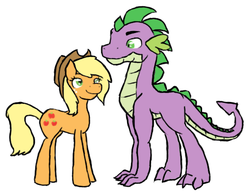 Size: 553x430 | Tagged: safe, artist:miesdo, applejack, spike, dragon, earth pony, pony, g4, alternate hairstyle, female, loose hair, male, mare, older, older spike, ship:applespike, shipping, straight