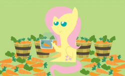 Size: 646x395 | Tagged: safe, artist:agrol, angel bunny, fluttershy, pegasus, pony, g4, season 9, she talks to angel, animated, body swap, bucket, carrot, carrot juice, concentrated carrot extract, drinking, female, food, gif, green background, mare, perfect loop, pointy ponies, simple background, solo