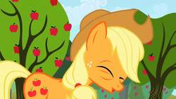 Size: 1280x720 | Tagged: safe, screencap, applejack, earth pony, pony, applebuck season, g4, season 1, apple, apple tree, applejack's hat, cowboy hat, female, food, half asleep, hat, mare, solo, sweet apple acres, tree