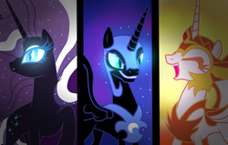 Size: 1006x638 | Tagged: safe, artist:missxxfofa123, artist:realalicornbases, artist:s-oujiisan, artist:selenaede, daybreaker, nightmare moon, nightmare rarity, alicorn, pony, g4, armor, base used, eyes closed, female, jewelry, laughing, mare, open mouth, regalia, trio
