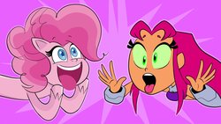 Size: 1919x1080 | Tagged: safe, artist:scobionicle99, pinkie pie, earth pony, pony, g4.5, my little pony: pony life, crossover, duo, female, mare, open mouth, smiling, starfire, teen titans go, unshorn fetlocks