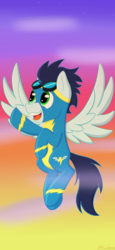 Size: 1080x2340 | Tagged: safe, artist:exobass, soarin', pegasus, pony, g4, clothes, flying, male, solo, sunset, uniform, wings, wonderbolts