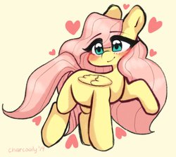 Size: 1706x1522 | Tagged: safe, artist:charcoaly, fluttershy, pegasus, pony, g4, blushing, cute, eye clipping through hair, female, folded wings, heart, mare, missing cutie mark, raised hoof, shyabetes, simple background, smiling, solo, standing, three quarter view, wings, yellow background