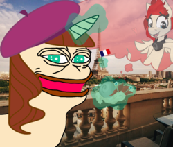 Size: 1299x1100 | Tagged: safe, anonymous artist, edit, oc, oc only, oc:red pone (8chan), oc:ruby (8chan), pegasus, pony, snail, unicorn, /pone/, 1000 hours in gimp, 8chan, alternate hairstyle, eating, eiffel tower, female, flag, france, french flag, imminent death, mare, meme, pepe the frog