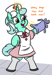 Size: 785x1127 | Tagged: safe, artist:jargon scott, lyra heartstrings, unicorn, semi-anthro, g4, arm hooves, bipedal, clothes, cute, dialogue, female, gloves, imminent prostate exam, implied prostate exam, magic, mare, nurse, nurse outfit, open mouth, rubber gloves, solo, stockings, telekinesis, thigh highs, this will end in pain, this will not end well