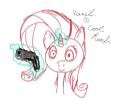 Size: 1238x1004 | Tagged: safe, artist:torako, oc, oc only, oc:ruby (8chan), pony, unicorn, /pone/, 8chan, cool ranch, cool ranch doritos, dilbert, dilbertposting, gun, horn, insanity, levitation, looking at you, magic, ranch, simple background, telekinesis, threatening, unicorn oc, weapon, white background