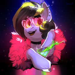 Size: 3000x3000 | Tagged: safe, artist:ink_architect, oc, oc only, oc:zealous stripes, earth pony, pony, clothes, colorful, drink, ear piercing, elton john, fancy dress, glasses, high res, piercing, scarf, smiling, solo