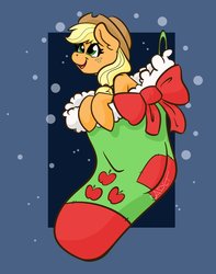 Size: 1773x2250 | Tagged: safe, artist:cadetredshirt, applejack, oc, earth pony, pony, g4, bow, cel shading, christmas, christmas stocking, female, freckles, holiday, looking at someone, simple background, smiling, snow, solo, tiny, tiny ponies, ych result