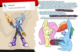 Size: 2100x1400 | Tagged: safe, artist:heir-of-rick, fluttershy, rainbow dash, oc, bird, pegasus, pony, g4, ask, clothes, colored sketch, dialogue, drill, female, mare, nintendo switch, original character do not steal, smiling, sonic forces, speech bubble, tumblr, wing hands, wings