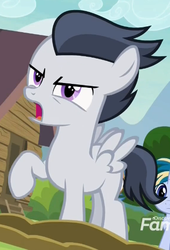 Size: 355x521 | Tagged: safe, screencap, mocha berry, rumble, skeedaddle, pegasus, pony, unicorn, g4, marks and recreation, colt, cropped, discovery family logo, male, raised hoof, solo focus