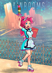 Size: 1280x1810 | Tagged: safe, artist:pencils, pinkie pie, human, equestria girls, g4, album cover, album parody, breakfast in america, city, commission, cupcake, female, food, harbor, human coloration, humanized, pastry, plate, roller skates, server pinkie pie, solo, supertramp, the rainbooms, waitress