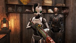 Size: 1360x768 | Tagged: safe, oc, oc only, oc:caroline winters, gynoid, robot, anthro, aer-14 prototype, fallout, fallout 4, female, game screencap, laser rifle, solo, video game