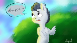 Size: 2560x1440 | Tagged: safe, artist:labglab, rumble, pegasus, pony, g4, marks and recreation, colt, male, solo, speech bubble, text