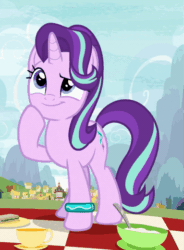 Size: 383x519 | Tagged: safe, screencap, starlight glimmer, pony, unicorn, g4, season 9, student counsel, animated, bracelet, cropped, cup, cute, female, food, gif, glimmerbetes, jewelry, picnic, raised hoof, sandwich, solo, starlight's bracelet, teacup