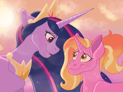 Size: 2732x2048 | Tagged: safe, artist:riocin765, luster dawn, twilight sparkle, alicorn, pony, unicorn, g4, the last problem, big crown thingy 2.0, crown, duo, end of ponies, female, high res, jewelry, looking at each other, mare, older, older twilight, older twilight sparkle (alicorn), princess twilight 2.0, regalia, smiling, teacher and student, twilight sparkle (alicorn)