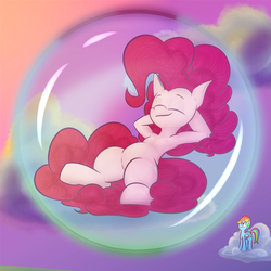 Size: 4000x4000 | Tagged: safe, artist:packy paca, pinkie pie, rainbow dash, earth pony, pegasus, pony, g4, bubble, cloud, in bubble, on back, pinkie pie trapped in a bubble, sleeping