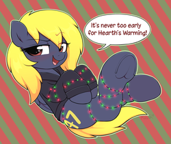 Size: 2570x2173 | Tagged: safe, artist:moozua, oc, oc only, oc:naveen numbers, pegasus, pony, 47, bedroom eyes, blushing, christmas, christmas lights, clothes, commission, dialogue, female, frog (hoof), high res, holiday, hoodie, looking at you, mare, smiling, solo, striped background, underhoof