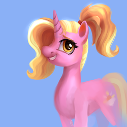 Size: 1000x1000 | Tagged: safe, artist:theo-0, luster dawn, pony, unicorn, g4, the last problem, blue background, cute, female, grin, hair over one eye, lusterbetes, mare, signature, simple background, smiling, solo