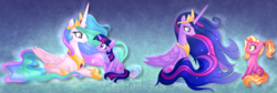 Size: 2616x875 | Tagged: safe, artist:kimmyartmlp, luster dawn, princess celestia, twilight sparkle, alicorn, pony, unicorn, g4, the last problem, big crown thingy 2.0, cute, cutelestia, end of ponies, ethereal mane, full circle, height difference, history repeats itself, looking at each other, lusterbetes, mama twilight, momlestia, motherly, older, older twilight, older twilight sparkle (alicorn), princess twilight 2.0, prone, signature, sitting, smiling, teacher and student, twiabetes, twilight sparkle (alicorn), unicorn twilight