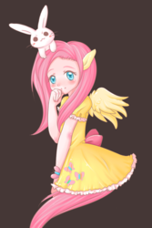 Size: 760x1136 | Tagged: safe, artist:vinds, fluttershy, human, rabbit, g4, animal, blushing, brown background, clothes, colored pupils, cute, cutie mark, cutie mark on clothes, dress, eared humanization, female, humanized, looking at you, shyabetes, simple background, solo, tailed humanization, winged humanization, wings