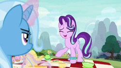 Size: 1280x720 | Tagged: safe, screencap, starlight glimmer, trixie, pony, unicorn, g4, student counsel, animated, bracelet, chubby cheeks, cup, cute, eating, female, food, glimmerbetes, jewelry, picnic, raised hoof, sandwich, sitting, sound, webm