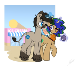 Size: 757x677 | Tagged: safe, artist:thepascaal, oc, oc only, oc:mind gate, pony, unicorn, bandana, beach, cute, cutie mark, duo, food, gay, glasses, ice cream, magic, male, shipping, simple background, stallion, transparent background, two toned mane