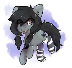Size: 918x871 | Tagged: safe, artist:pomrawr, oc, oc only, earth pony, pony, abstract background, clothes, earth pony oc, eye clipping through hair, open mouth, smiling, socks, solo, striped socks