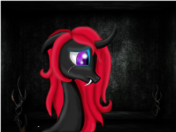 Size: 1600x1200 | Tagged: safe, artist:auroraswirls, oc, oc only, oc:scarlett moon, changeling, changeling queen, bust, changeling oc, crying, curved horn, fangs, female, horn, sad, solo