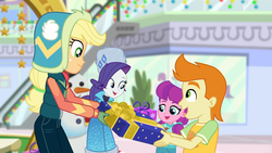 Size: 1920x1080 | Tagged: safe, screencap, applejack, gallop j. fry, lily longsocks, rarity, equestria girls, equestria girls series, g4, holidays unwrapped, winter break-in, spoiler:eqg series (season 2), canterlot mall, child, children, clothes, coat, cute, decoration, escalator, gift giving, gloves, holiday decorations, jacket, male, present, rarity's winter hat, snowman, winter coat, winter hat, winter outfit