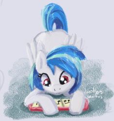 Size: 976x1040 | Tagged: safe, dj pon-3, vinyl scratch, pegasus, pony, g4, bootleg waifu, face down ass up, female, keyboard, mare, race swap, smiling, solo, toy