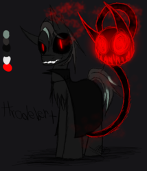 Size: 600x700 | Tagged: safe, artist:didun850, oc, oc only, oc:hrodebert, earth pony, pony, shadow pony, chest fluff, cloak, clothes, earth pony oc, glowing eyes, grin, male, possessed, raised hoof, reference sheet, sharp teeth, slit pupils, smiling, sombra eyes, stallion, story included, teeth