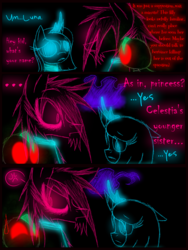 Size: 1200x1600 | Tagged: safe, artist:didun850, princess luna, oc, alicorn, earth pony, pony, comic:ask chase the pony, g4, ..., ask, collar, comic, dialogue, female, filly, glowing eyes, leash, lineart, male, red eyes, stallion, tumblr