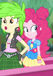 Size: 695x995 | Tagged: safe, screencap, cherry crash, pinkie pie, equestria girls, equestria girls series, g4, sunset's backstage pass!, spoiler:eqg series (season 2), barrier, clothes, cropped, duo, duo female, ear piercing, earring, female, fingerless gloves, geode of sugar bombs, gloves, jewelry, lipstick, magical geodes, music festival outfit, outdoors, piercing, plaid skirt, skirt, vest