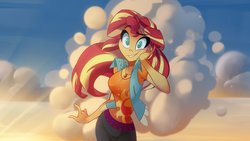 Size: 4096x2304 | Tagged: safe, artist:light262, sunset shimmer, equestria girls, g4, breasts, cleavage, clothes, cloud, cute, cutie mark on clothes, female, geode of empathy, high res, looking at you, magical geodes, no pupils, shimmerbetes, shirt, sky, solo, sunset, t-shirt, vest