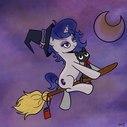 Size: 2048x2048 | Tagged: safe, artist:amynewblue, oc, oc only, oc:moonlit silver, cat, pony, unicorn, bowtie, broom, commission, crescent moon, flying, flying broomstick, halloween, hat, high res, holiday, magic, moon, night, solo, witch, witch hat