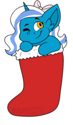 Size: 468x800 | Tagged: safe, artist:frankkiestein, oc, oc:fleurbelle, alicorn, pony, adorabelle, adorable face, alicorn oc, bow, christmas, christmas stocking, cute, female, grin, hair bow, holiday, horn, mare, ocbetes, one eye closed, smiling, sock, sweet, wink, yellow eyes
