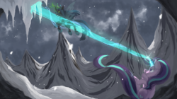 Size: 2914x1632 | Tagged: safe, artist:y-snow, queen chrysalis, starlight glimmer, changeling, changeling queen, pony, unicorn, g4, the ending of the end, female, scene interpretation, starlight vs chrysalis