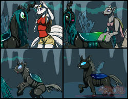 Size: 710x550 | Tagged: safe, artist:farorenightclaw, queen chrysalis, oc, changeling, changeling queen, fox, anthro, g4, backpack, changelingified, clothes, comic, crown, digital art, duo, fangs, female, furry, furry oc, glasses, jewelry, looking at someone, non-mlp oc, non-pony oc, open mouth, regalia, shirt, shorts, species swap, transformation, watch, watermark, wristwatch